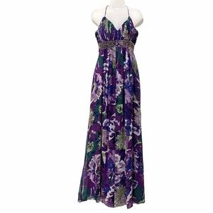 Js Boutique Sleeveless Maxi Dress Purple Blue Green Floral Rhinestones Waist